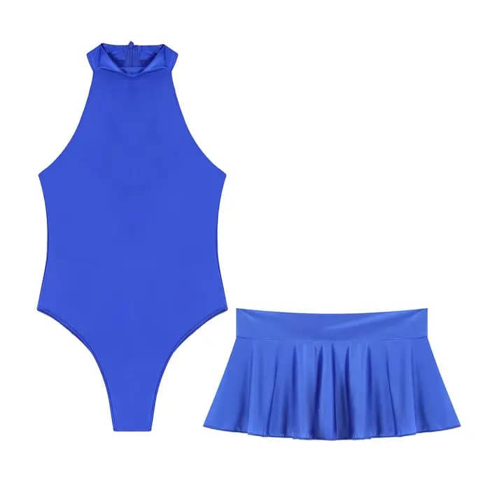 Maillot de bain brillant pour femmes, ensemble élastique, sans manches, coupe haute, justaucorps avec Mini jupe à volants, maillot de bain ar