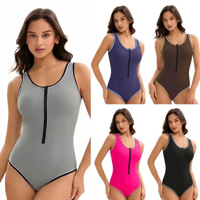 Maillots de bain amincissants une pièce pour femmes 2026 avec contrôle du ventre, fermeture éclair frontale, couleur unie