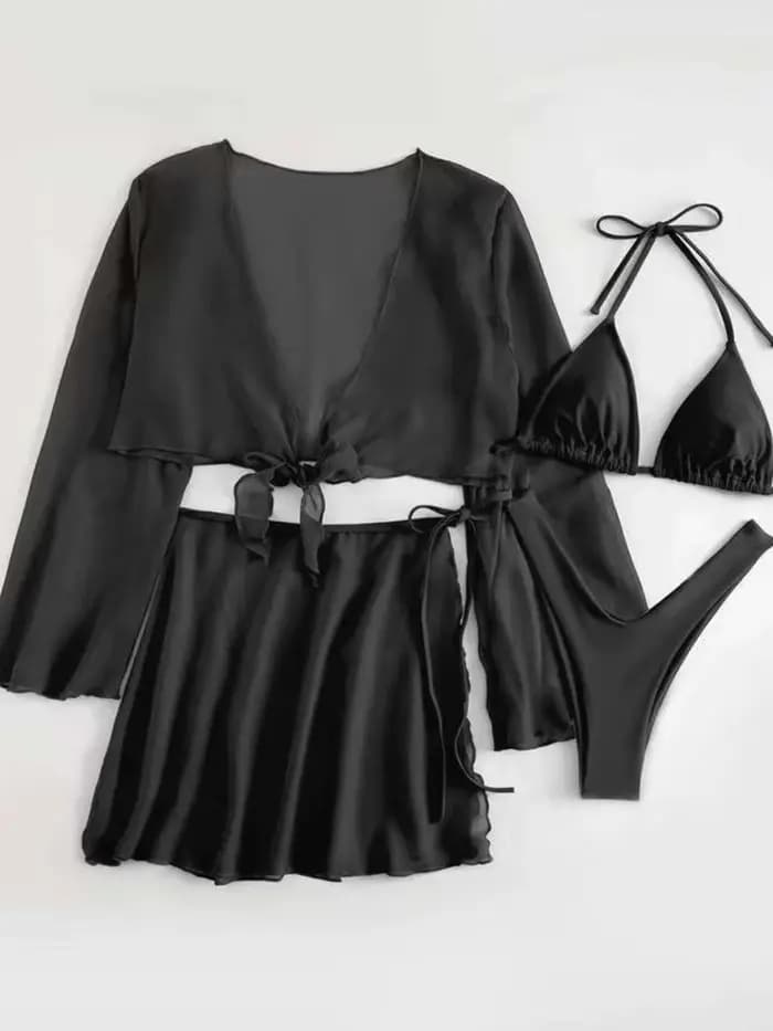 Ensemble de 4 bikinis string 2026 pour femmes avec haut et robe, maillot de bain noir, maillot de bain halter pour femme, vêtements de plage, maillot de bain, tenue de bain d'été