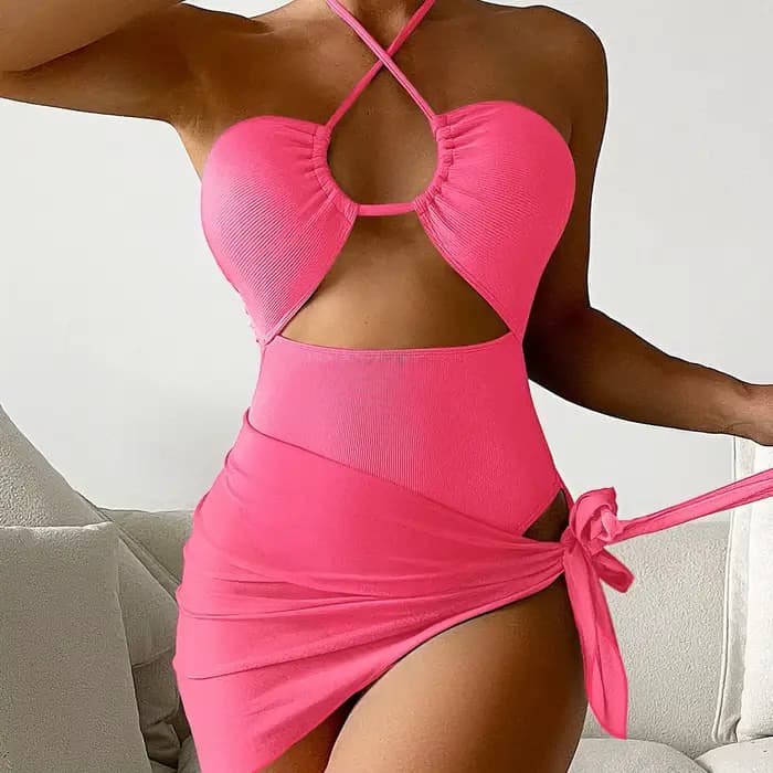 Cikini-Maillot de bain licou découpé pour femme avec jupe de plage