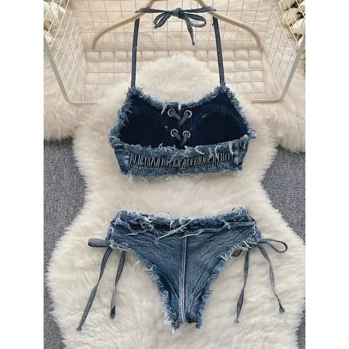 OIINAA maillot de bain femmes Sexy Denim costumes Bikini ensemble à lacets cordon maillots de bain 2025 solide été Vintage deux pièces maillots de bain