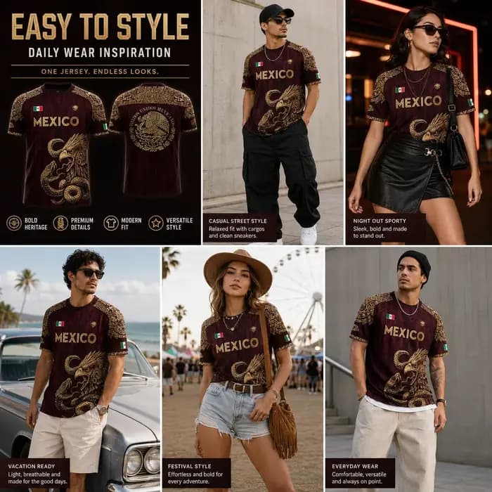 Maillot de football Mexique Homme Femme Aigle aztèque Serpent Graphique Drapeau Mexicain Manches Courtes Sportif Bordeaux Or Futbol