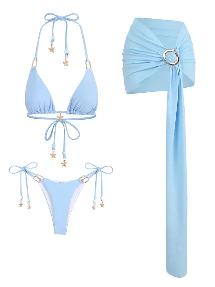 Mode bleu 3 pièces Bikini ensemble 2025 femmes été Triangle Bikinis maillot de bain avec Mini jupe maillot de bain couvrir maillots de bain K324