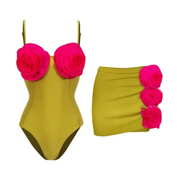 Maillot de bain à fleurs 3D pour femmes, une pièce sexy avec jupe, ensemble deux pièces, tenue de plage bohème