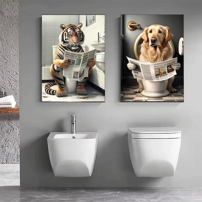 Décoration murale amusante pour salle de bain, Animal humoristique, singe, chien, vache assise sur les toilettes, lecture de journaux, affiche d'art imprimée, peinture sur toile