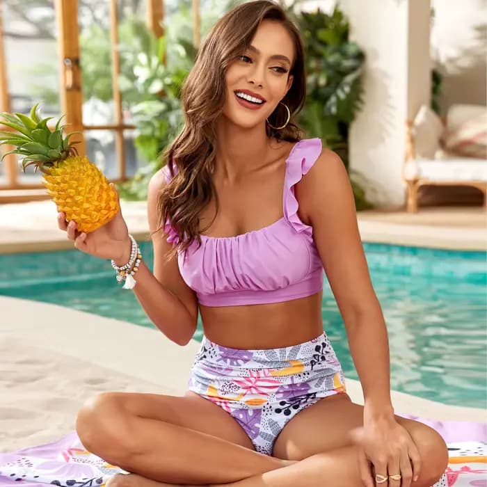 Cikini Swim Mod élégant manches froncées ensemble Bikini couleur unie été maillot de plage