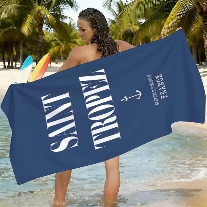 LE SAINT-TROPEZ Serviette de plage à imprimé lettres, blanche et bleue, simple, en microfibre, grande, absorbante, pour piscine