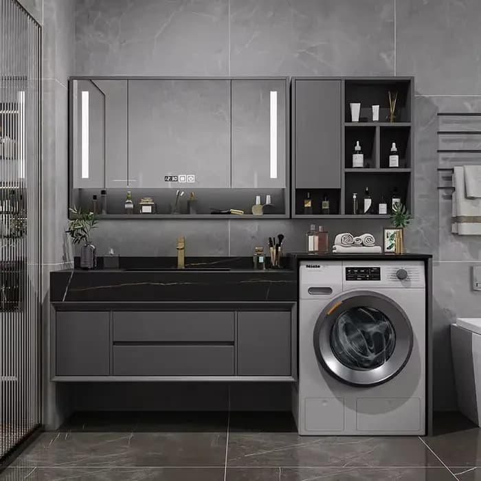 Meuble de salle de bain avec miroir lumineux, étagère murale de style nordique européen, meuble-lavabo avec tiroirs, meuble de toilette de luxe