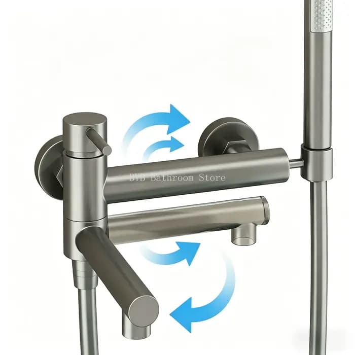Robinet de bain de douche mural en laiton avec bec de baignoire orientable et douchette à main, mitigeur eau chaude et froide