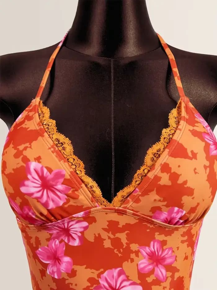 Été Orange Floral Imprimé Tankini Ensemble pour les Femmes