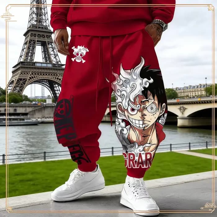 One Piece Luffy Gear 5 Ensemble pantalon à capuche Survêtement en coton rouge avec imprimé de personnages sur sweat à capuche Pantalon avant Côté Coupe ample Deux pièces