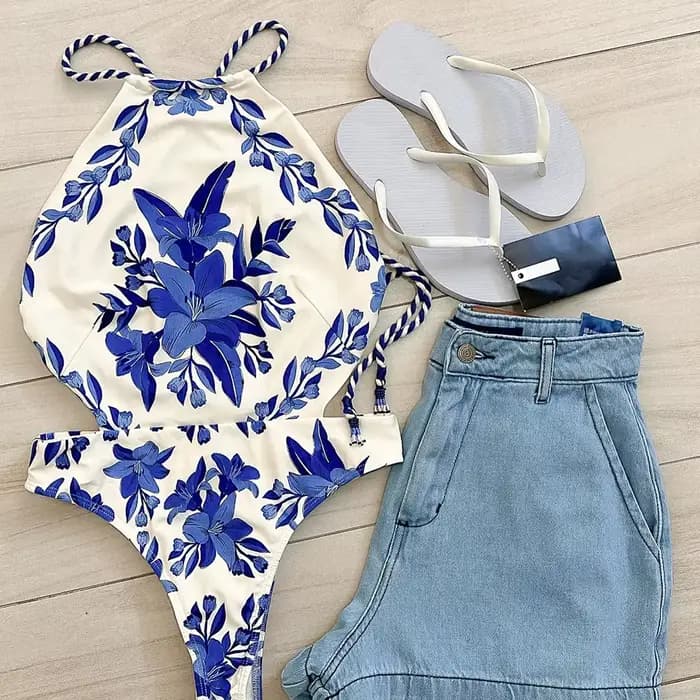 Maillot de bain une pièce imprimé rétro vintage pour femme, licou, monokini sexy, vêtements de plage, nouveau, 2024