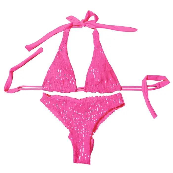 Ensemble de bikini scintillant à paillettes pour femmes, maillot de bain sexy brésilien à col halter et taille basse, couleur unie brillante, idéal pour les vacances à la plage