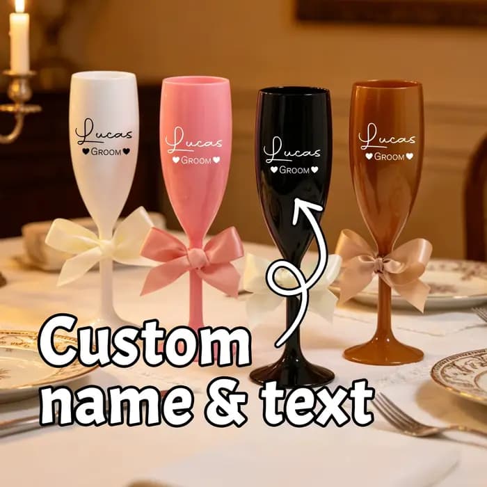 Flûte à champagne personnalisée, verre à champagne incassable personnalisé avec décoration en nœud, décoration élégante pour mariage et vaisselle de fête