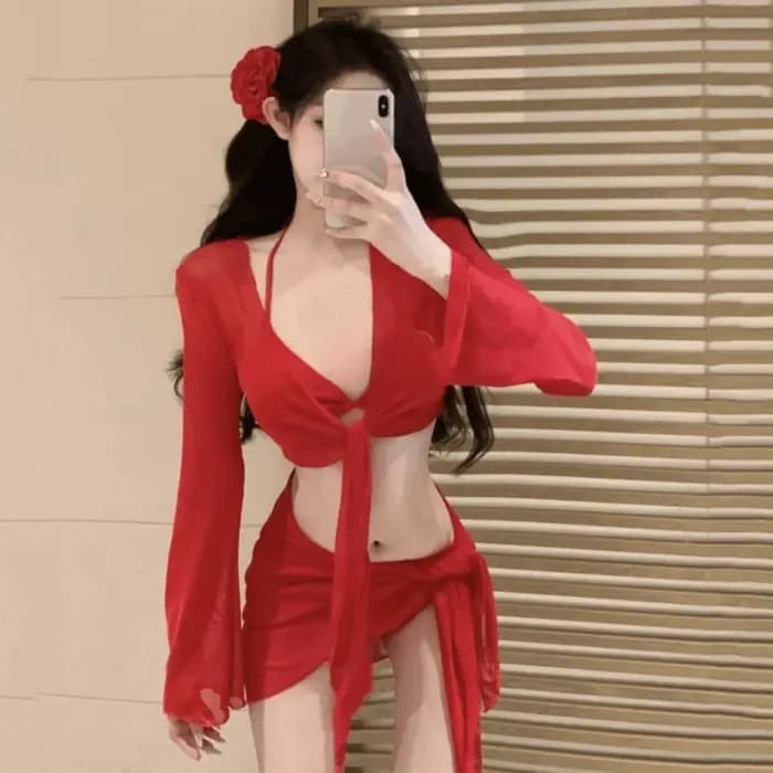 Ensemble bikini quatre pièces rouge pur avec lacets