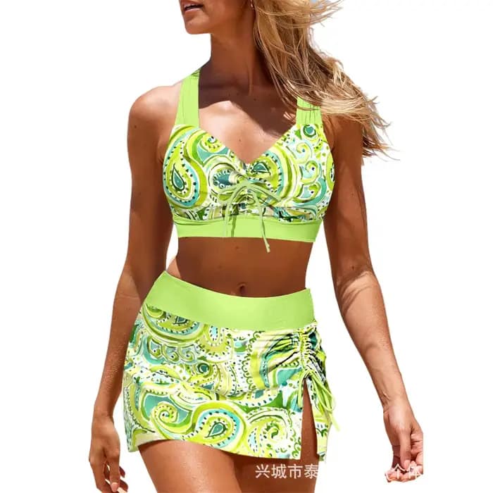 Maillot de bain 2 pièces imprimé cachemire pour femme, haut de bikini dos nu et short de bain taille haute avec jupe et cordon de serrage, idéal pour la plage