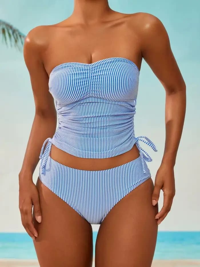 Maillot de bain Tankini tendance, ensemble deux pièces à rayures bleues, avec bas taille haute et ha