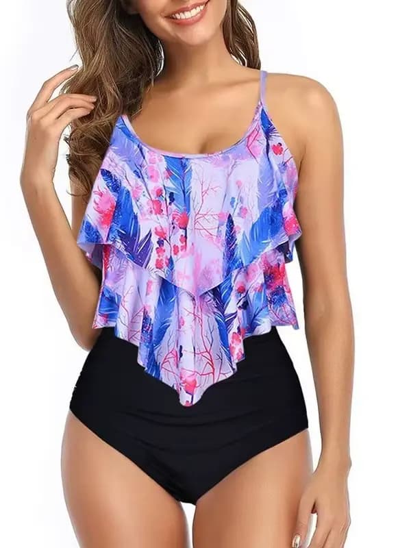 Maillot de bain séduisant élégant noir Double volants