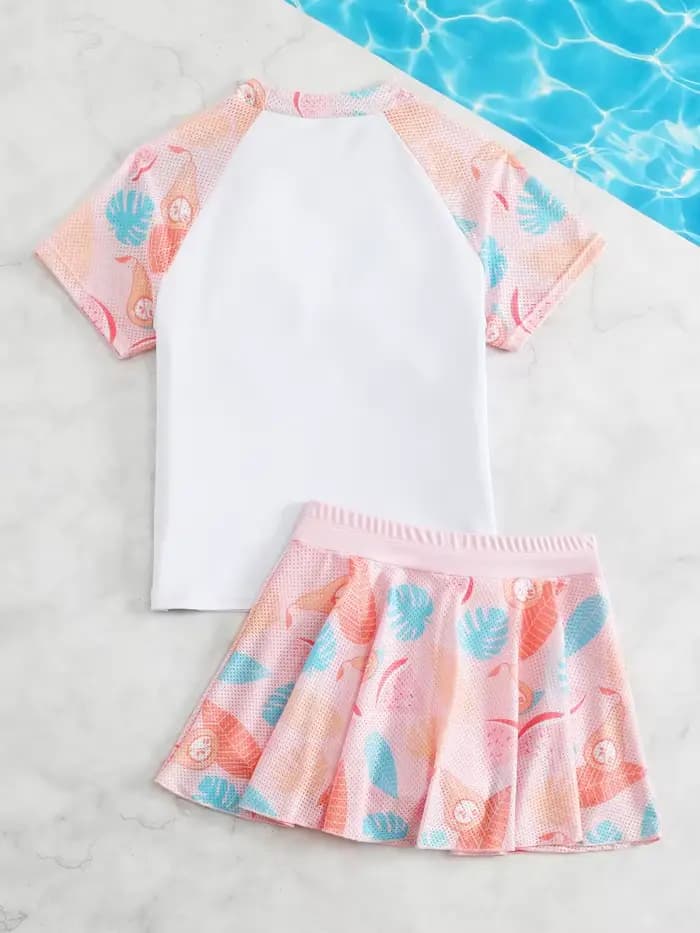 Filles enfants maillot de bain 2026 nouveau solide imprimé maille jupe courte maillots de bain pour enfants été deux pièces à manches courtes vêtements de plage maillot de bain