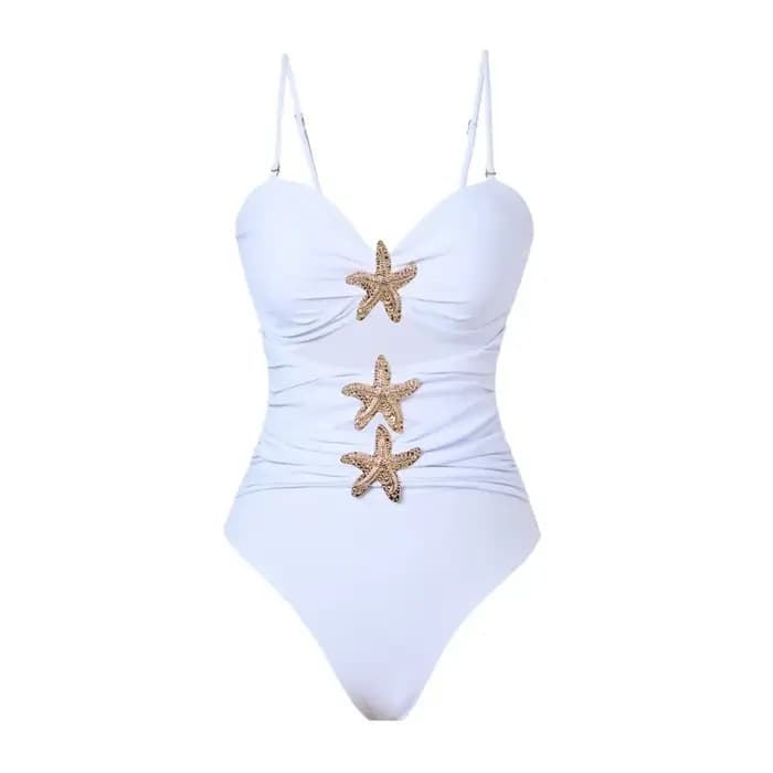 Vintage blanc kaki maillots de bain mosaïque femmes 2026 étoile de mer ornement creux plissé une pièce maillot