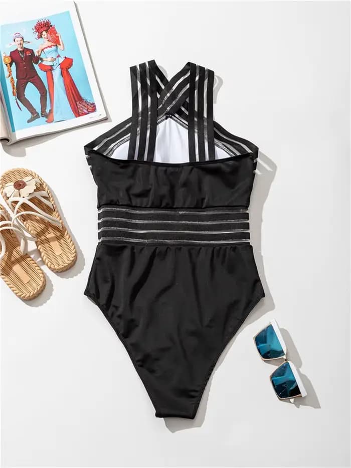 Maillot de bain une pièce sexy en maille solide 2026, col montant, croisé sur le devant, rembourré, pour femme