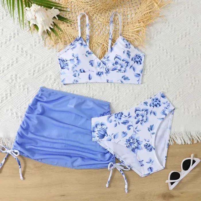 Nouvel ensemble trois pièces pour filles 2026 : Maillot de bain bikini avec jupe en mousseline pour l'été et la plage