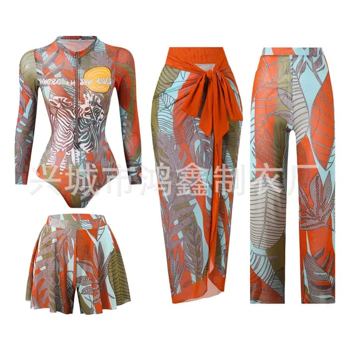 Maillot de bain une pièce pour femme avec protection en maille à manches longues