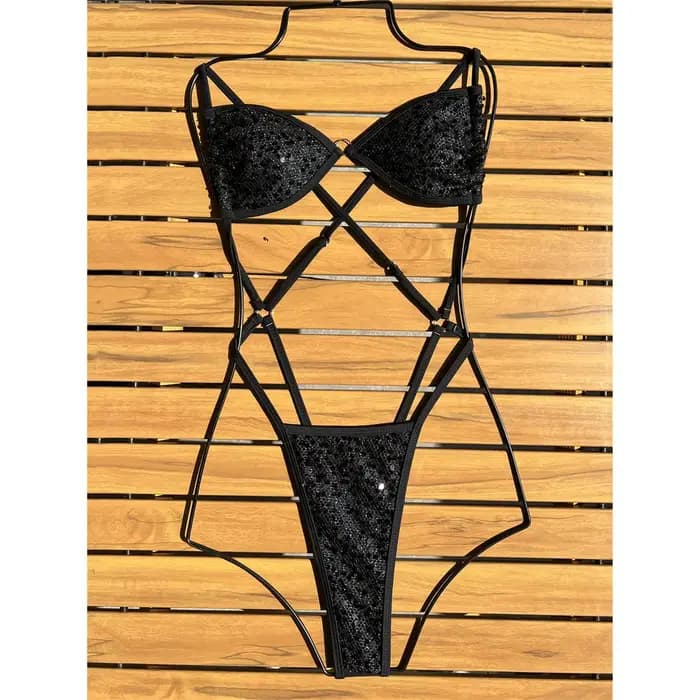 Maillot de bain une pièce micro string à paillettes brillantes pour femme