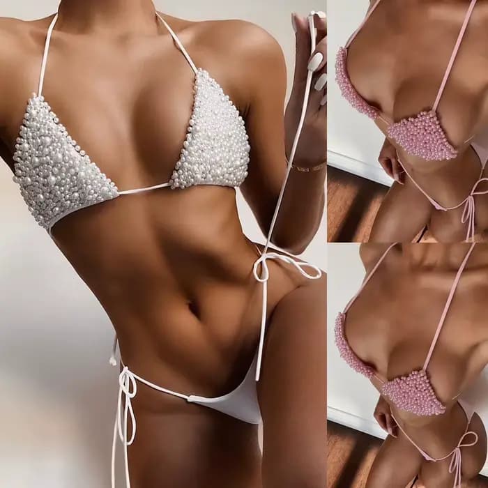 Bikini blanc nacré 2021 pour femme, maillot de bain sexy dos nu à lacets, micro mini rose, ensemble de plage 2 pièces avec string