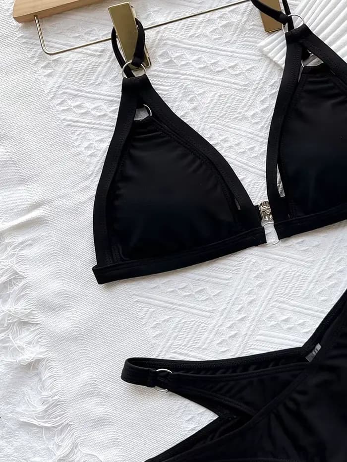 Push Up Bikini Femmes 2026 Sexy Solide Maillot De Bain Noir Deux Pièces Maillot de bain Bretelles Triangle Évider String Bikini Ensemble Maillots De Bain