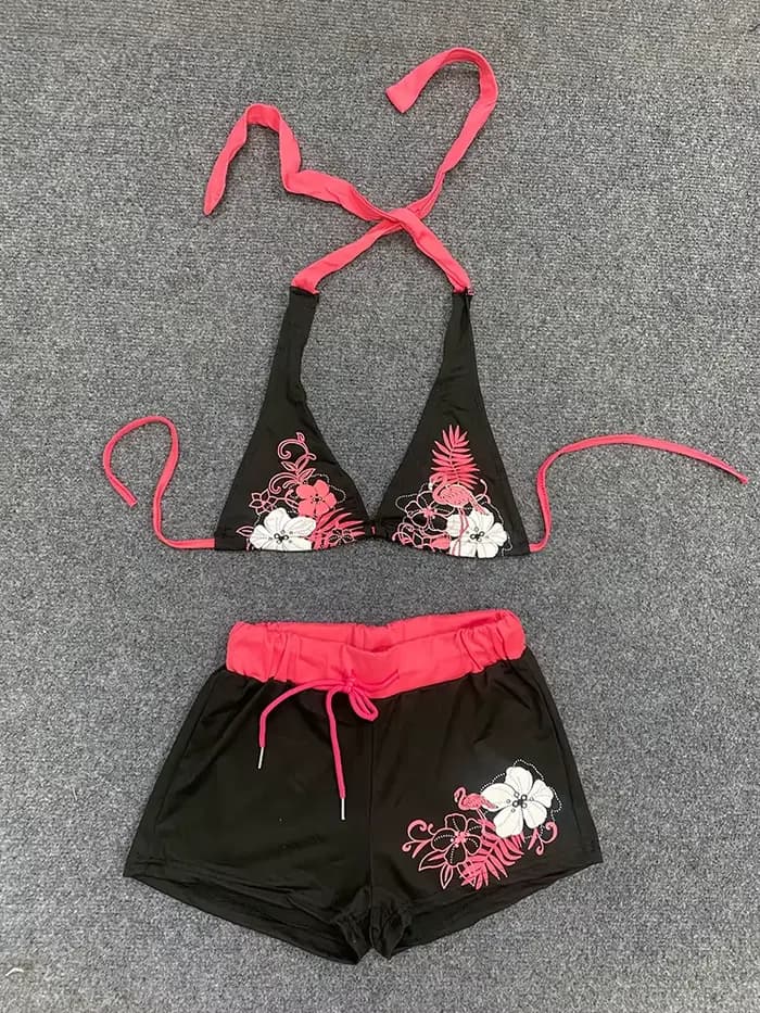 Été plage Ins mode chaude Sexy dames fendu deux pièces Bikini beau Vintage contraste fleur imprimé soutien-gorge à bretelles ensemble short et haut