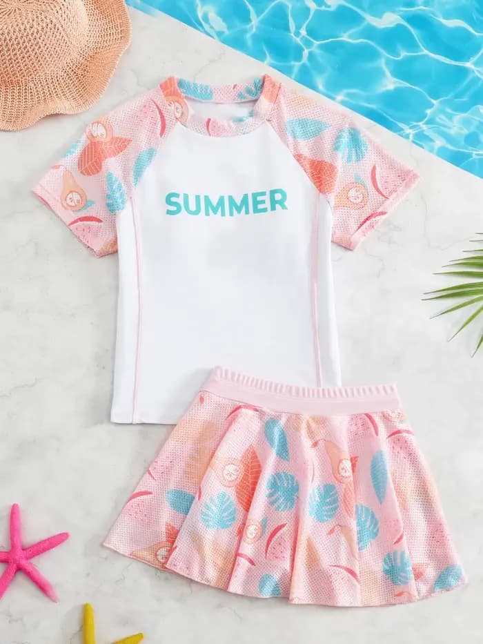 Filles enfants maillot de bain 2026 nouveau solide imprimé maille jupe courte maillots de bain pour enfants été deux pièces à manches courtes vêtements de plage maillot de bain