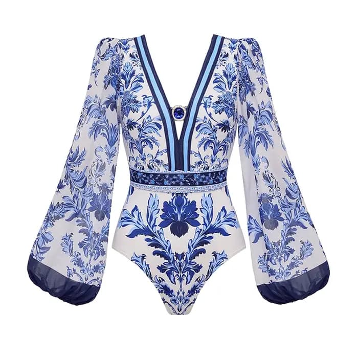 Flaxmaker Vintage imprimé maillot de bain femmes à manches longues fleur couleur bloc imprimé une pièce maillot de bain jupe pantalon dames maillot de bain