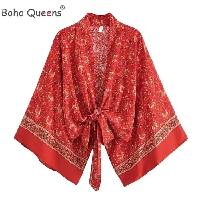 Boho Dinner ens Red Floral Beach Kimono, Short Robe, Swimsuits, Women Fashion, BatOOSleeves, Rayon, Bohemian Bikini Cover Ups, Beachwear