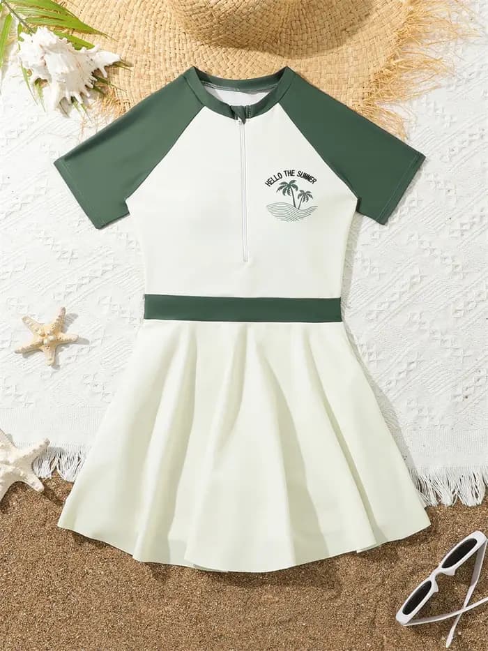 Enfants maillot de bain filles 2026 nouveau solide manches courtes robe longue fermeture éclair maillots
