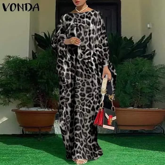 VONDA-Robe longue de plage plissée à manches longues pour femme, caftan vintage, imprimé léopard, ro