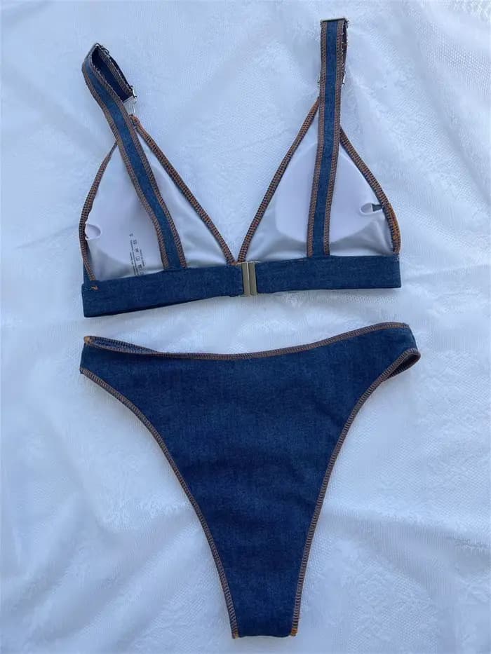 Maillot de bain en denim bleu, taille haute, avec boucles, bordure, pour femmes, tenue de plage, avec bretelles, tendance