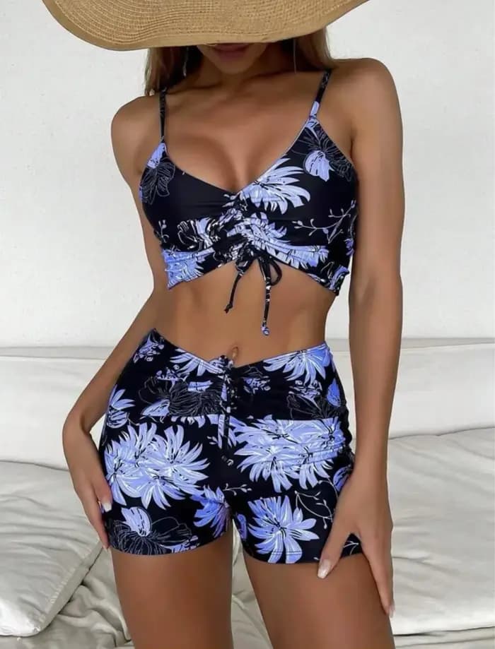 Taille haute Bikini maillot de bain femmes 2024 imprimé fleuri maillots de bain cordon avant Shorts boxeurs maillots de bain troncs piscine maillot de bain