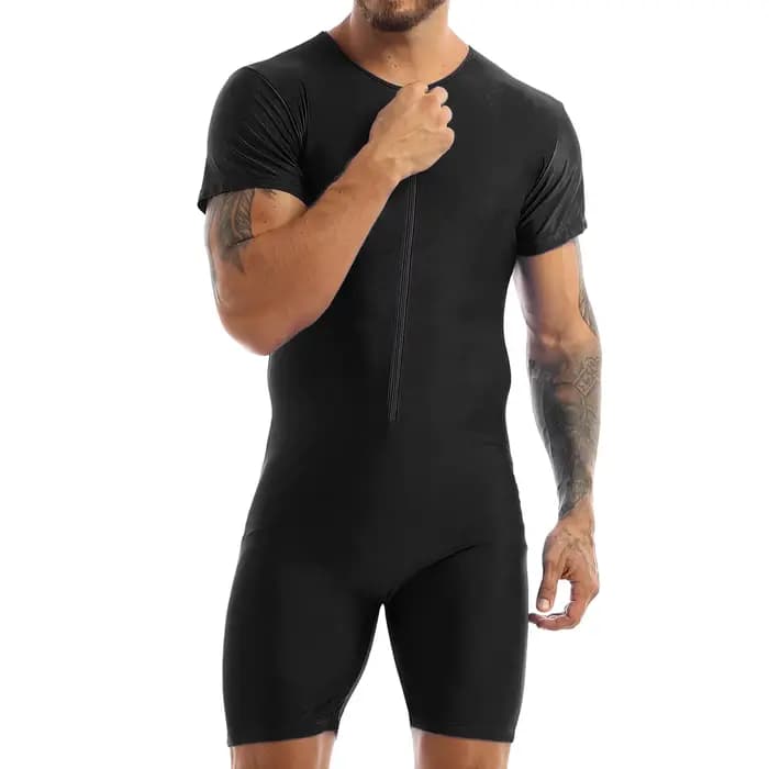 Maillot de bain une pièce pour hommes, manches courtes, fermeture éclair, brillant, doux, Boxer, body, plage, piscine, fête, protection contre les éruptions cutanées