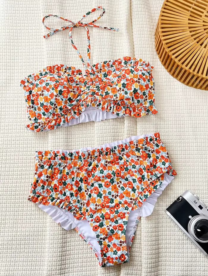 Imprimé fleuri Bandeau deux pièces Bikini ensemble épaules nues femme maillot de bain taille haute plissé pansement femmes maillots de bain maillot de bain