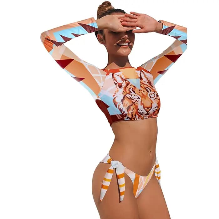 Maillot de bain deux pièces imprimé léopard pour femmes, Rashguard, manches longues, Push-Up, vêtements de plage, été