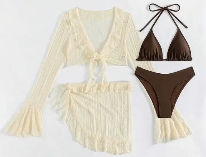 Maillot de bain sexy quatre pièces pour femme 2026, ensemble bikini uni à manches longues avec paréo