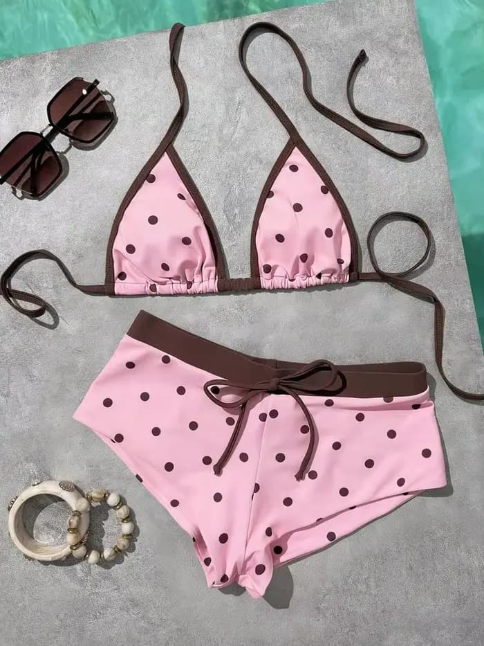 Ensemble de bikini pour femme brésilienne sexy, imprimé à pois, haut triangle exposé au dos et bas de string à fente latérale, maillot de bain deux pièces