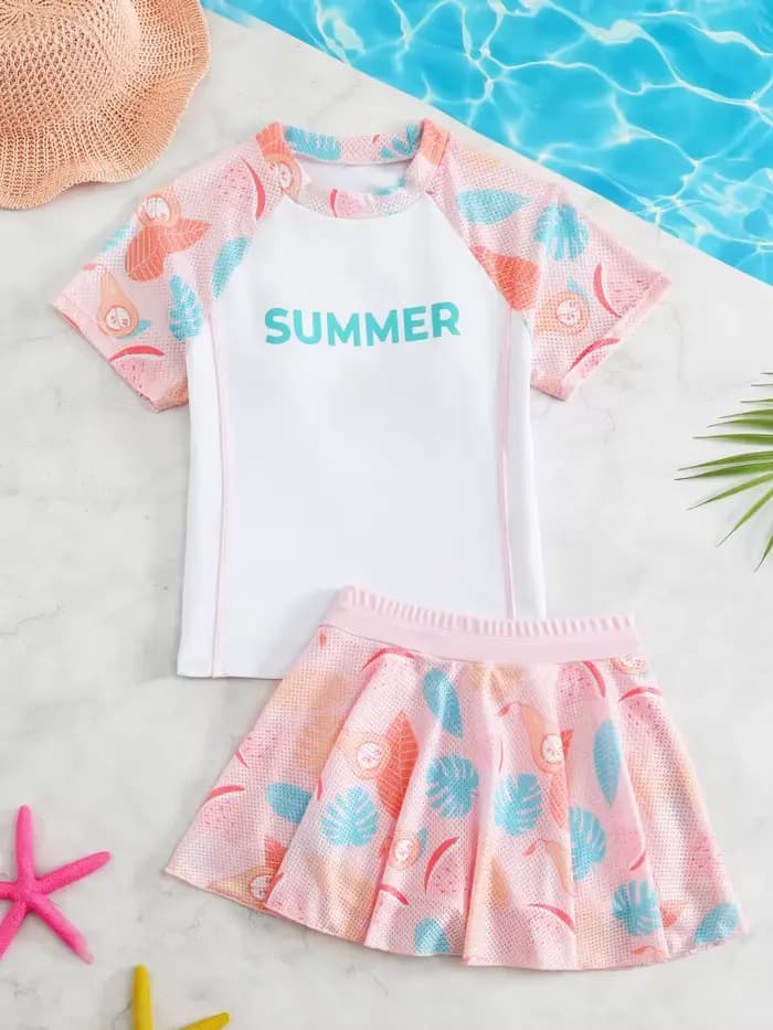 Filles enfants maillot de bain 2026 nouveau solide imprimé maille jupe courte maillots de bain pour