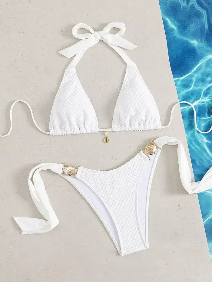 Sexy blanc Bikini 2026 Mujer femmes coquille en métal pansement string maillot de bain été Push Up soutien-gorge plage maillot de bain vacances maillots de bain