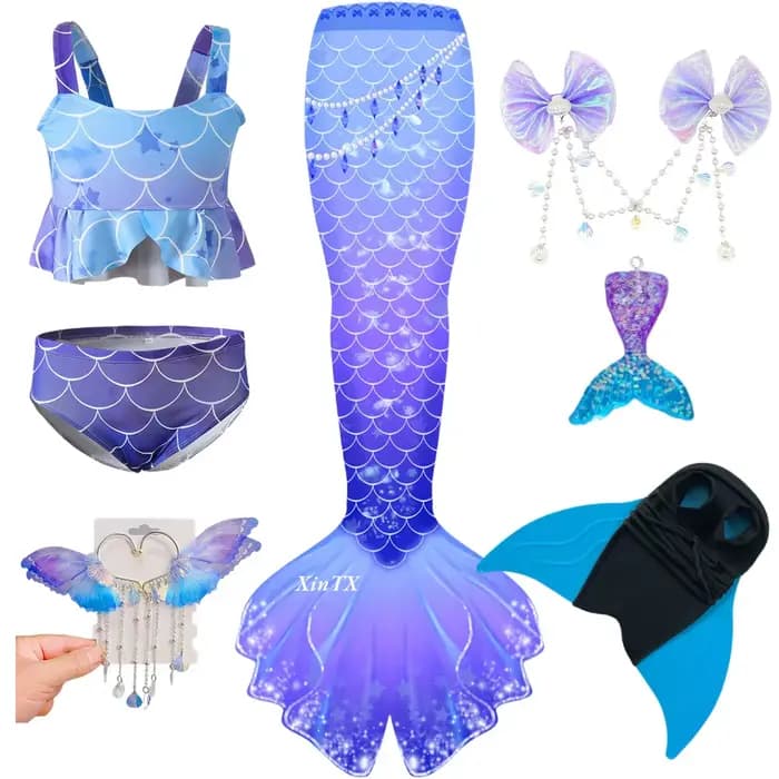 Maillot de bain queue de sirène pour enfants, cosplay monopalme pour enfants, bikini avec oreilles de beauté, palmes d'Halloween, peut nager