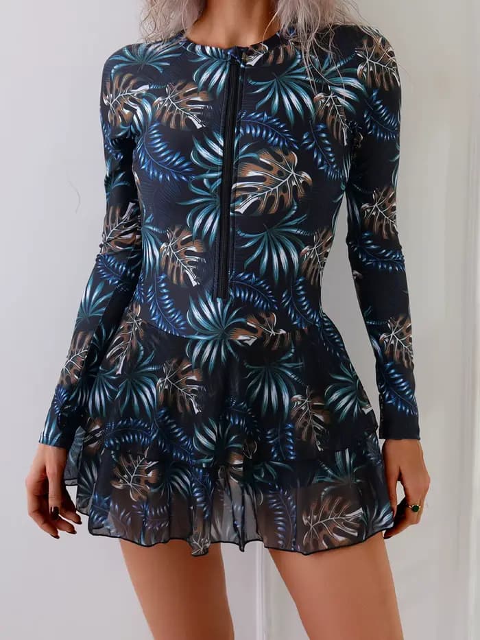 Maillot de bain une pièce imprimé feuilles, manches longues, fermeture éclair, jupe, vêtements de plage, nouvelle collection, 2025