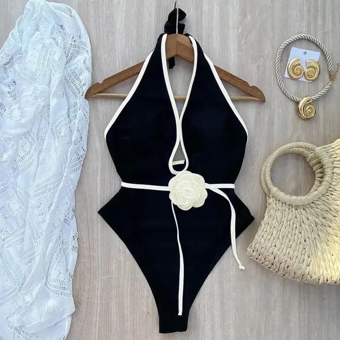 Nouveau Maillot de Bain Une Pièce Floral Halter à Bandages pour Femme, Tenue de Plage Monokini