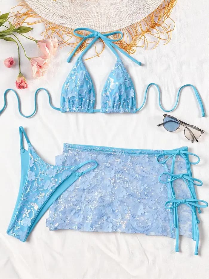 Ensemble bikini 3 pièces rose pailleté en maille brillante pour femme