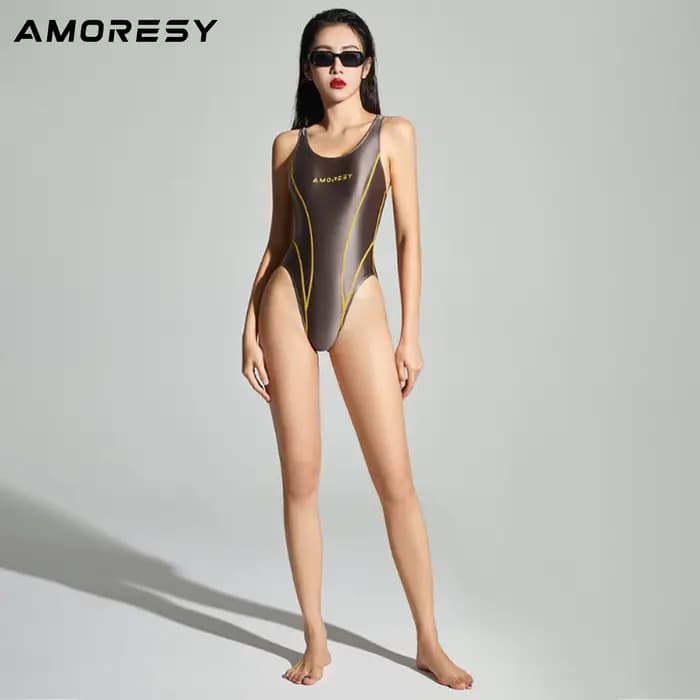 Maillot de bain AMORESY en satin brillant, couleur unie, dos nu, coupe haute XClocKNYoung